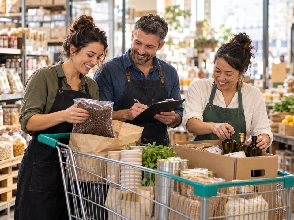Drei Personen stellen gemeinsam eine Bestellung aus Kaffee, Öl und Mehrwegbechern zusammen