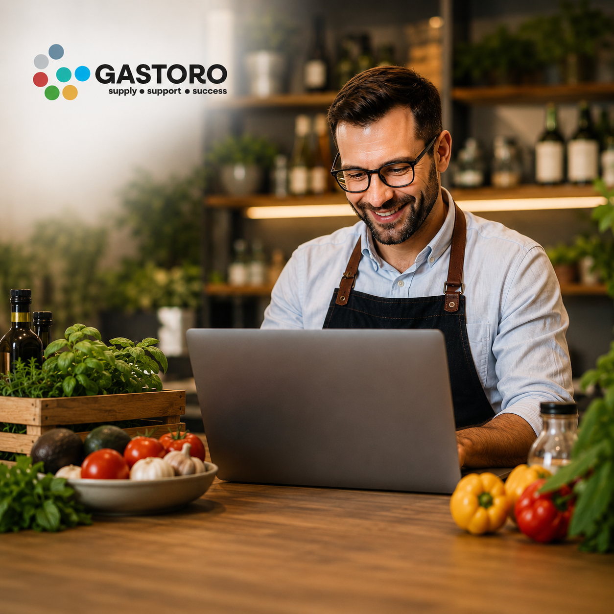 Händler arbeitet am Laptop und verkauft Produkte erfolgreich über den GASTORO Marktplatz