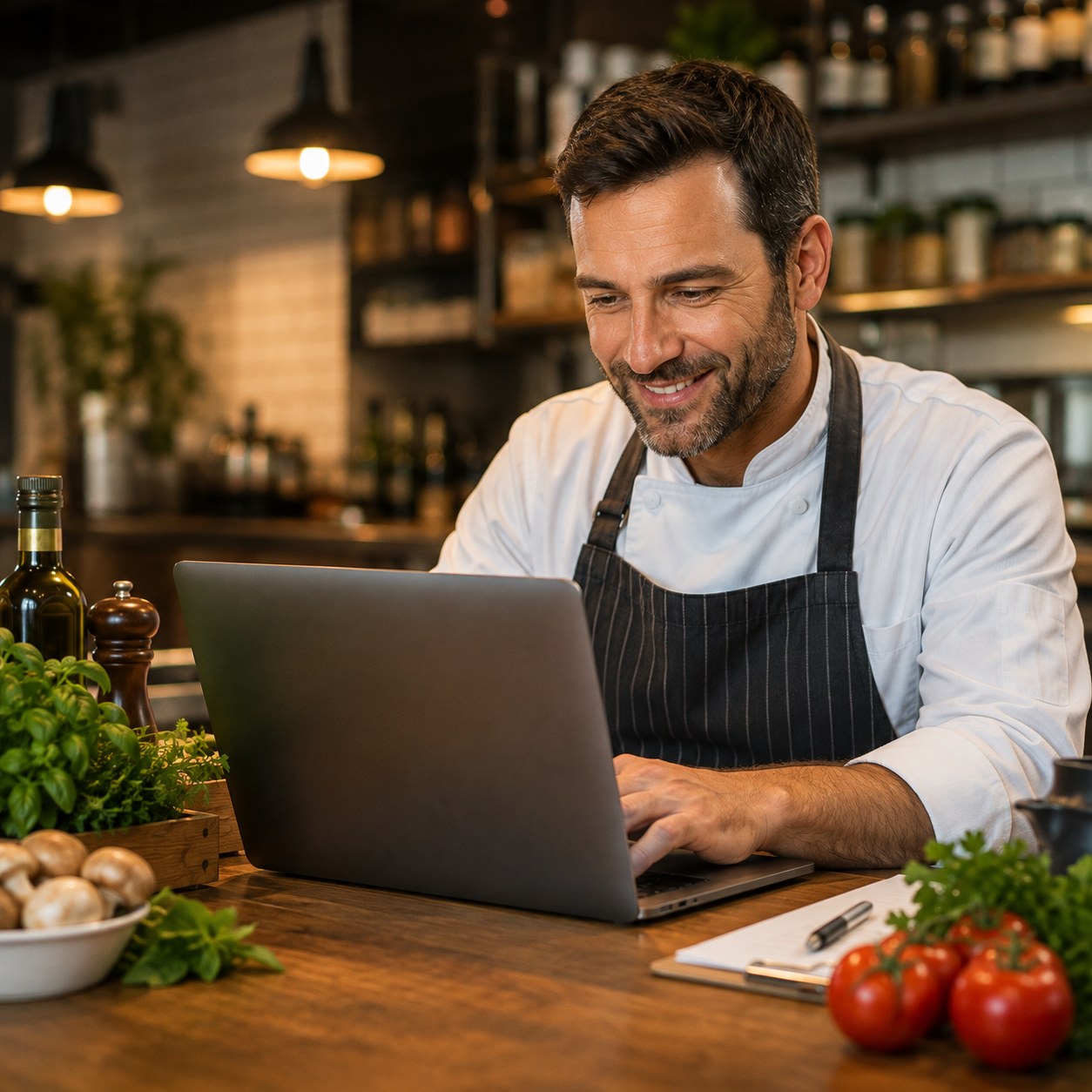 Gastronom bei der digitalen Bestellung von Produkten für seinen Betrieb am Laptop