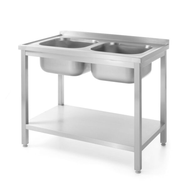 Tisch mit 2 Spülbecken und Ablage – verschraubt, Tiefe 600 mm, HENDI, Profi Line, 1000x600x(H)850mm