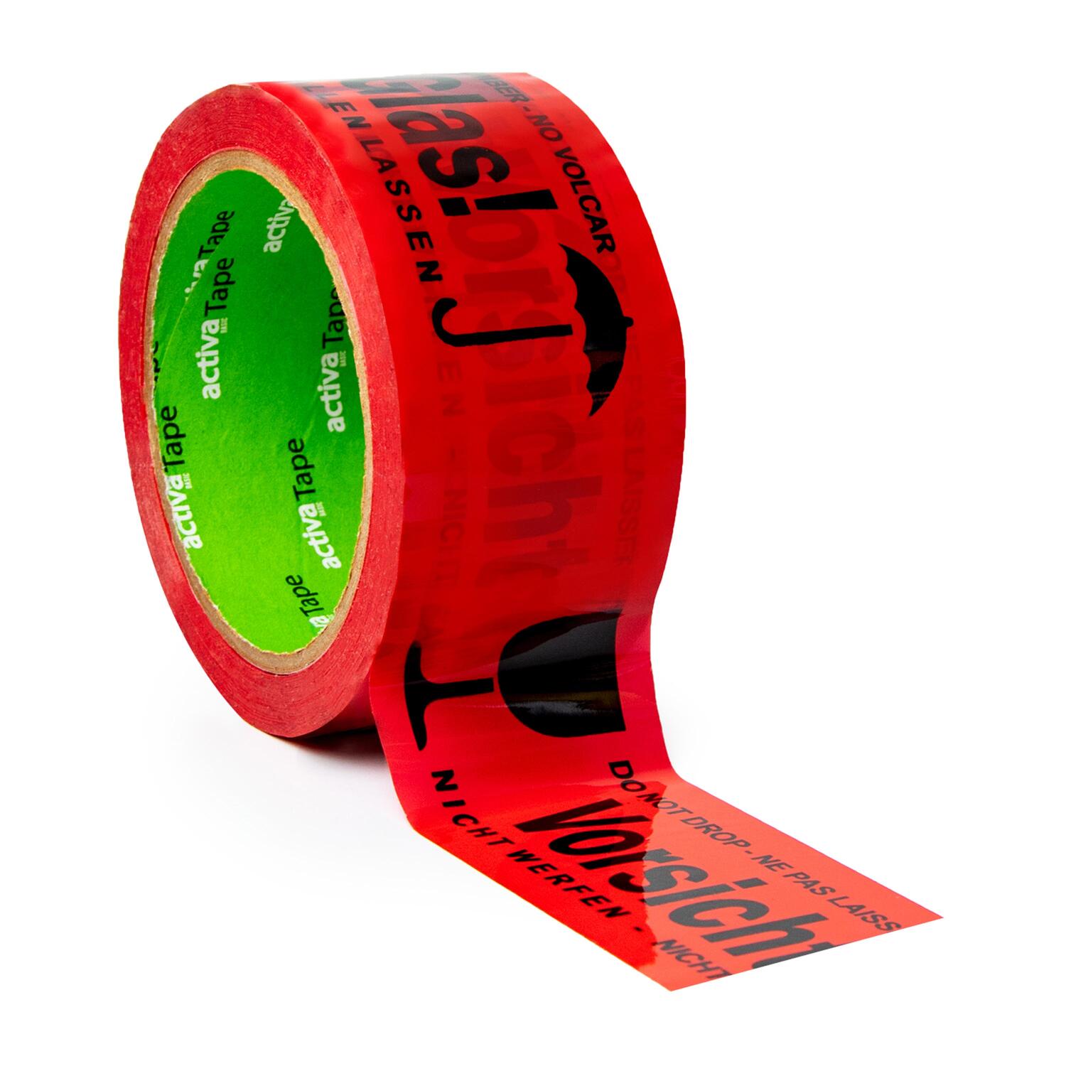 AC-B43126 Warnband Klebeband 48mmx66m activaTape Low Noise rot mit Aufdruck Vorsicht Glas – Bild 1