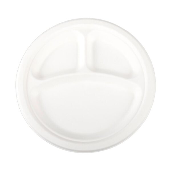 Teller 3-geteilt aus Bagasse, naturweiß, rund O26cm, 50Stk. 