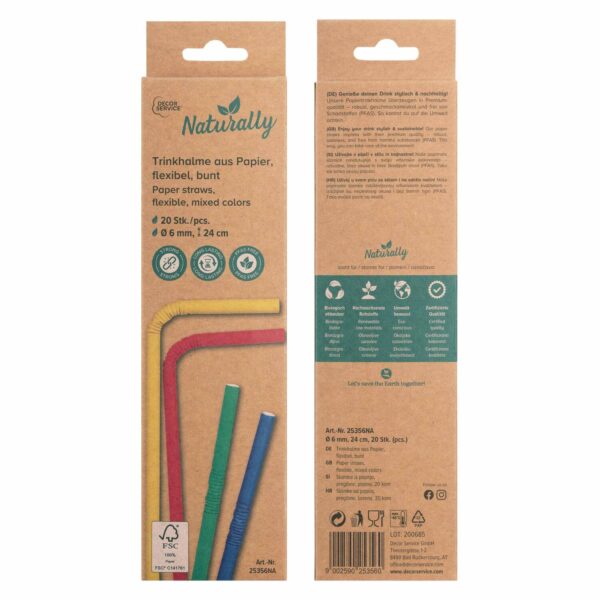 Trinkhalme aus Papier flexibel bunt O6mm 24cm, 20 Stk.