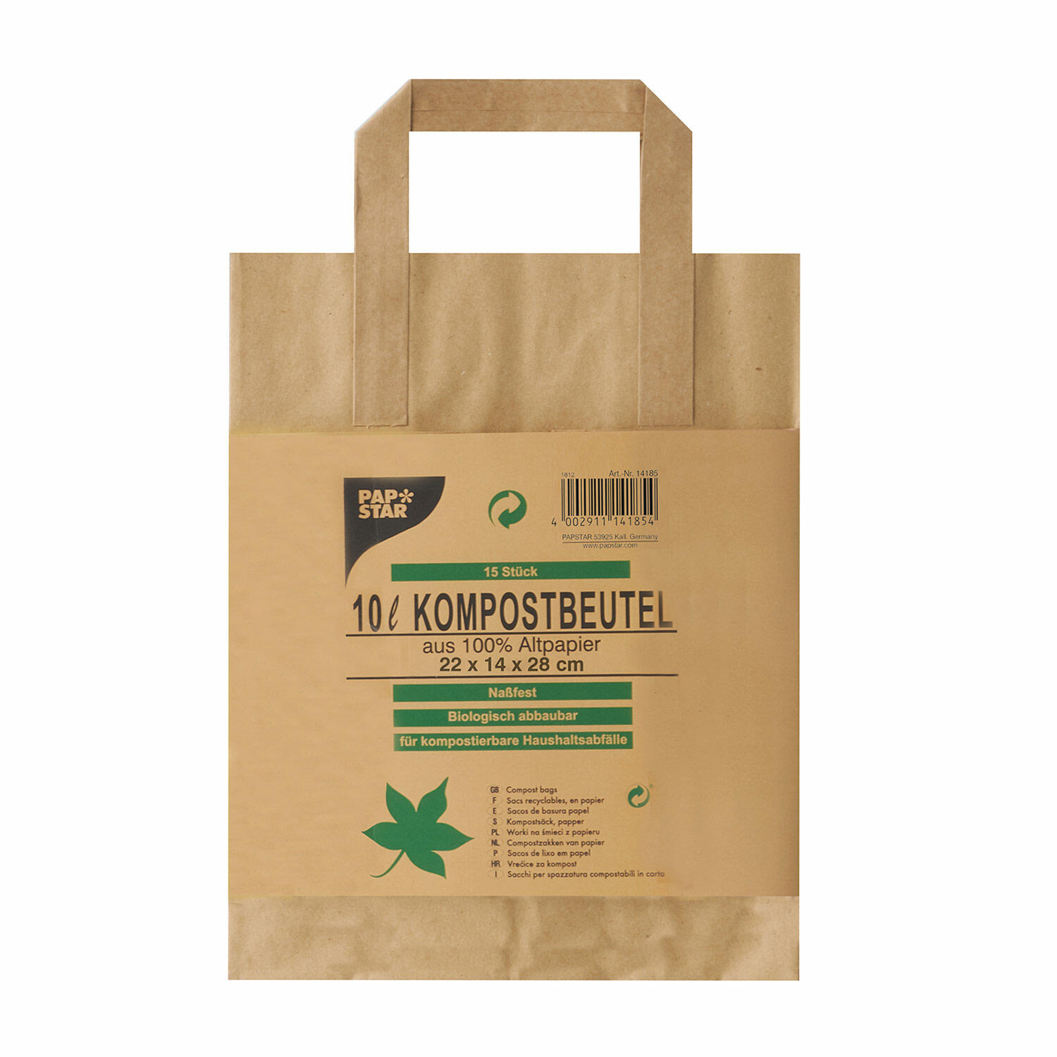 PAP-14185 Kompostbeutel aus Papier mit Henkel 10L 28 cm x 22 cm x 14 cm braun, 15 Stk. – Bild 1