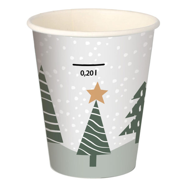 Heißgetränkebecher Pappbecher "Tannenwald & Weihnachtsstern" 200ml mit Eichstrich , 50 Stk.