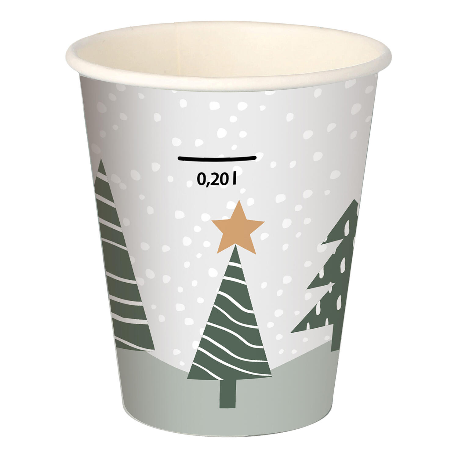 PAP-37337_1 Heißgetränkebecher Pappbecher "Tannenwald & Weihnachtsstern" 200ml mit Eichstrich , 50 Stk. – Bild 1