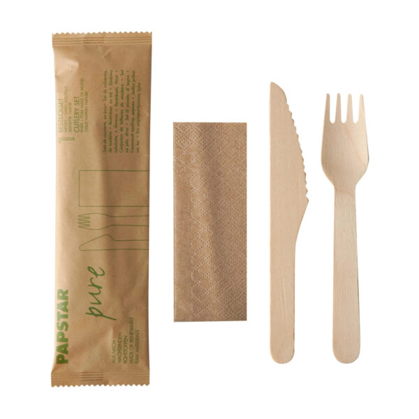 Bestecksets aus Holz Messer Gabel Serviette einzeln verpackt in Papierbeutel, 50 Stk.