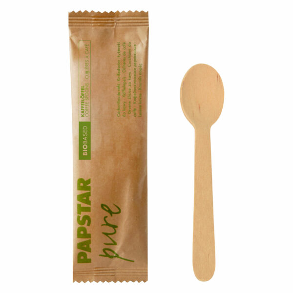 PAPSTAR Kaffeelöffel aus Holz 11 cm einzeln verpackt in Papierbeutel, 50 Stk.