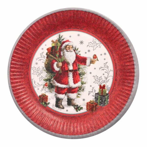 Pappteller rund O 23 cm mit Motiv "Santa & Geschenke" bordeaux/rot, 10 Stk.