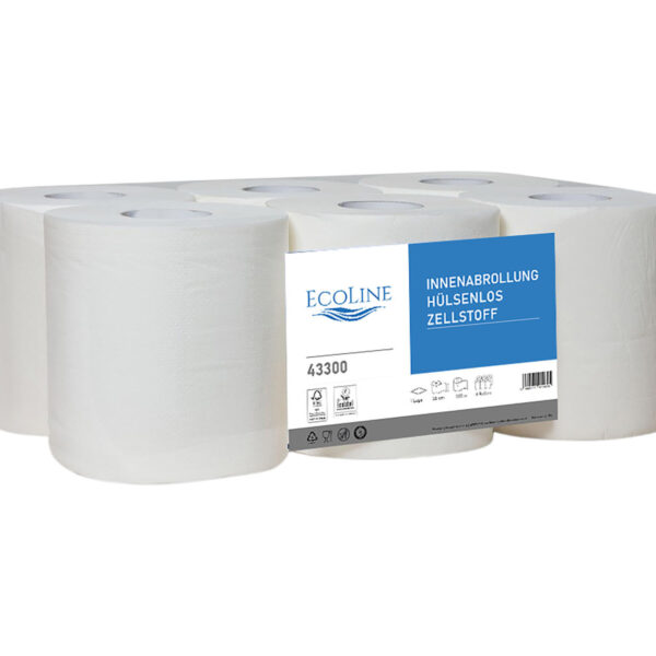 EcoLine Putzpapier Innenabrollung hülsenlos unperforiert, 1-lagig Zellstoff hochweiß, 20cm x 300m, 6 Rollen