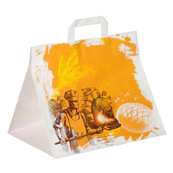 Papiertragetaschen aus Kraftpapier Motiv Steinofen mit Flachhenkeln 320+220x270mm 80g weiß, 250 Stk.