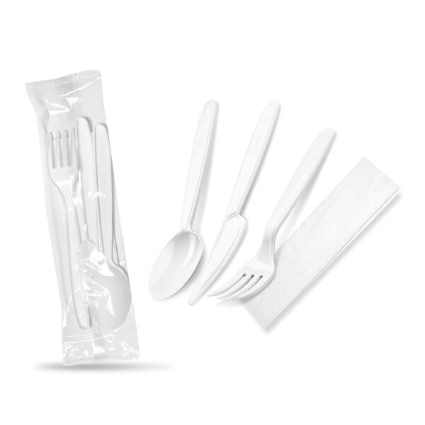 Bestecksets aus PP wiederverwendbar 125 Waschzyklen 4-teilig Gabel Messer Löffel Serviette hygienisch verpackt, 250 Sets