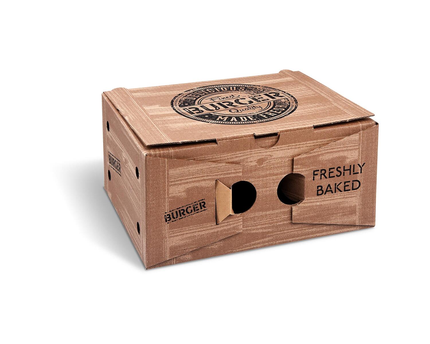 WX-71821 Hamburgerboxen aus Mikrowellpappe 2-geteilt bedruckt braun 21 x 16 x 10 cm, 100 Stk. – Bild 1