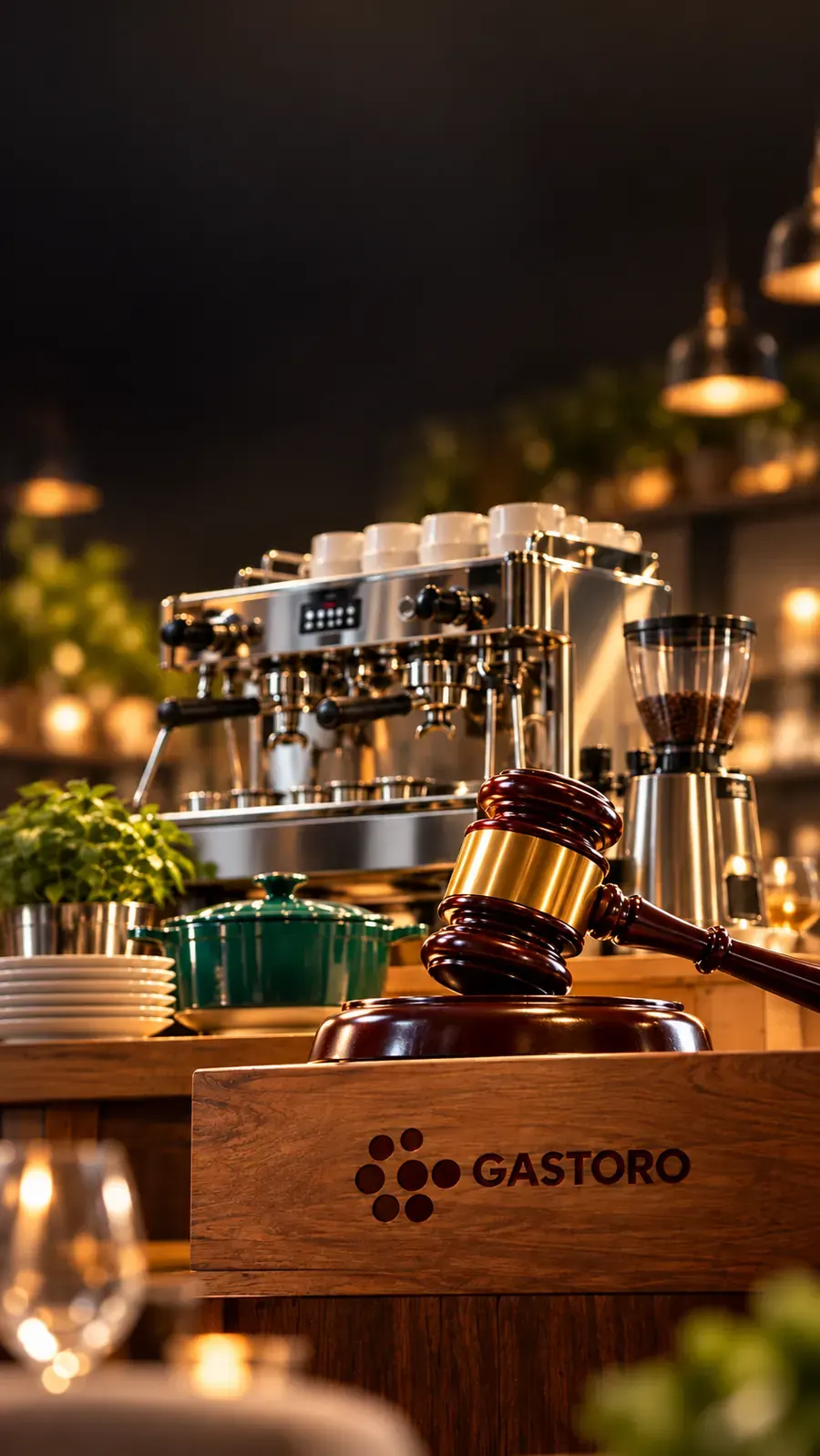 Auktion von Gastronomieausstattung bei Gastoro mit Auktionshammer und professioneller Kaffeemaschine