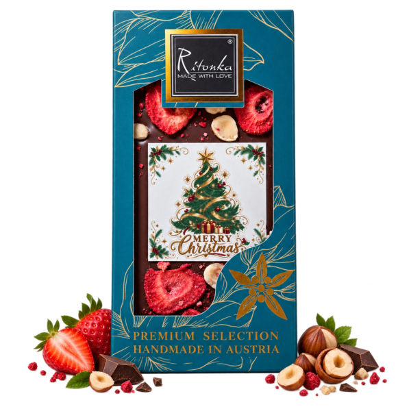 Premium Milchschokolade Weihnachtsbaum - Erdbeere, Haselnuss 95g (WEIHNACHTEN)