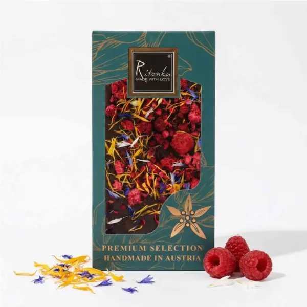 PREMIUM Bitterschokolade - Himbeere, Blüten 95g