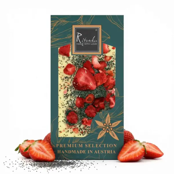 PREMIUM weiße Schokolade - Erdbeere, Mohn 95g