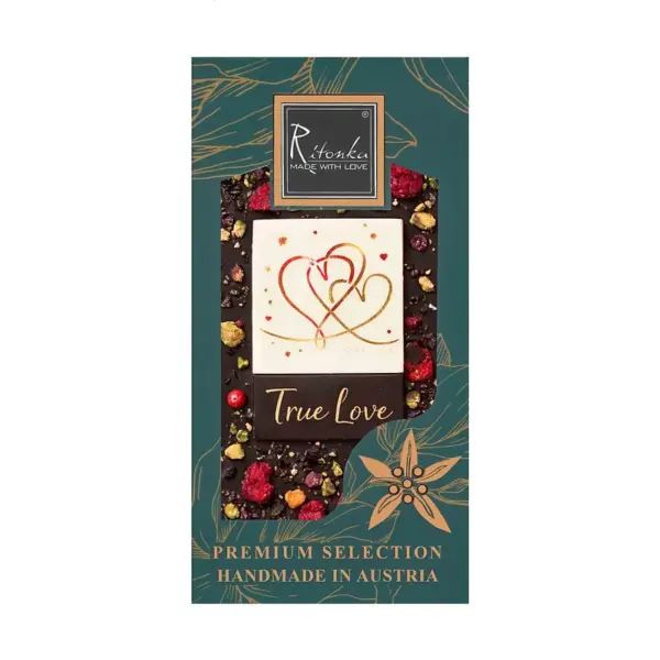 Premium Bitterschokolade „TRUE LOVE“ Himbeeren, Rose, Pistazien 95g