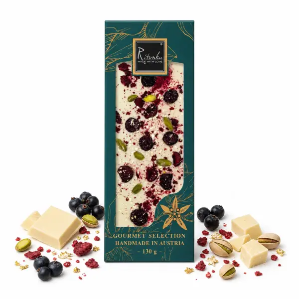 Gourmet Weiße Schokolade - Pistazien, Kirschen, Gold 130g