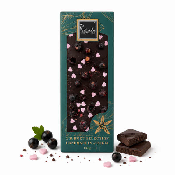 GOURMET Bitterschokolade - Herz, schwarze Johannisbeere 130g