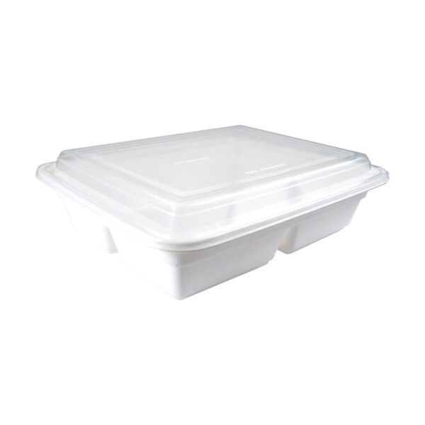 Mehrweg Menüboxen mit Deckel 3-geteilt weiß 23x18x6.5cm, 50 Stk.