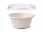 Dressingbecher Dipschale 60ml rund O 62 mm aus Bagasse Zuckerrohr inkl. Deckel aus PLA, 50 Stk.