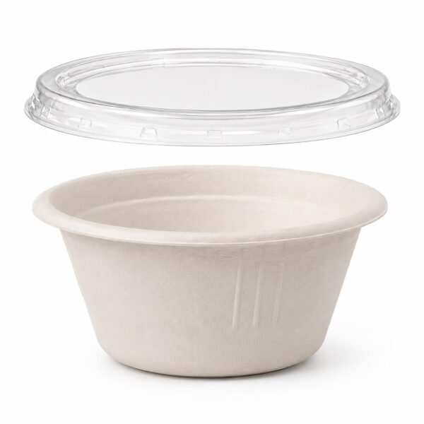 Dressingbecher Dipschale 60ml rund O 62 mm aus Bagasse Zuckerrohr inkl. Deckel aus PLA, 50 Stk.