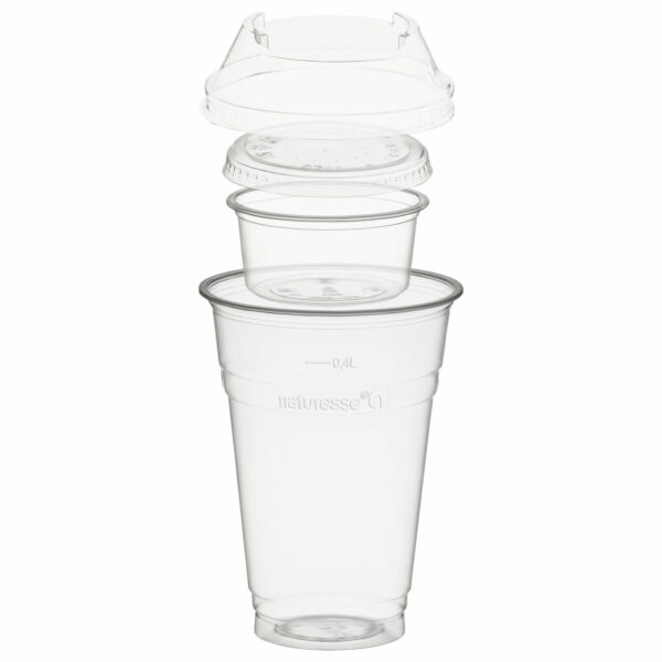 Trinkbecher 400ml + Domdeckel ohne Loch + 90ml Einsatzbecher stapelbar aus PLA, 100 Stk.