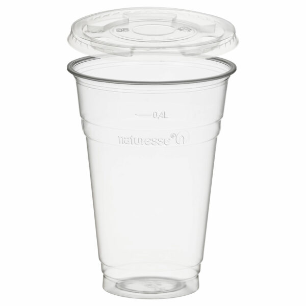 Trinkbecher 400ml + Deckel flach ohne Loch aus PLA, 50 Stk.