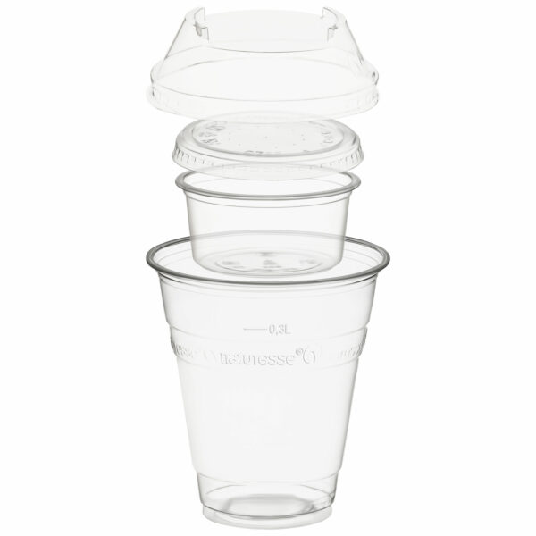Trinkbecher 300ml + Domdeckel + 90ml Einsatzbecher stapelbar aus PLA, 100 Stk.