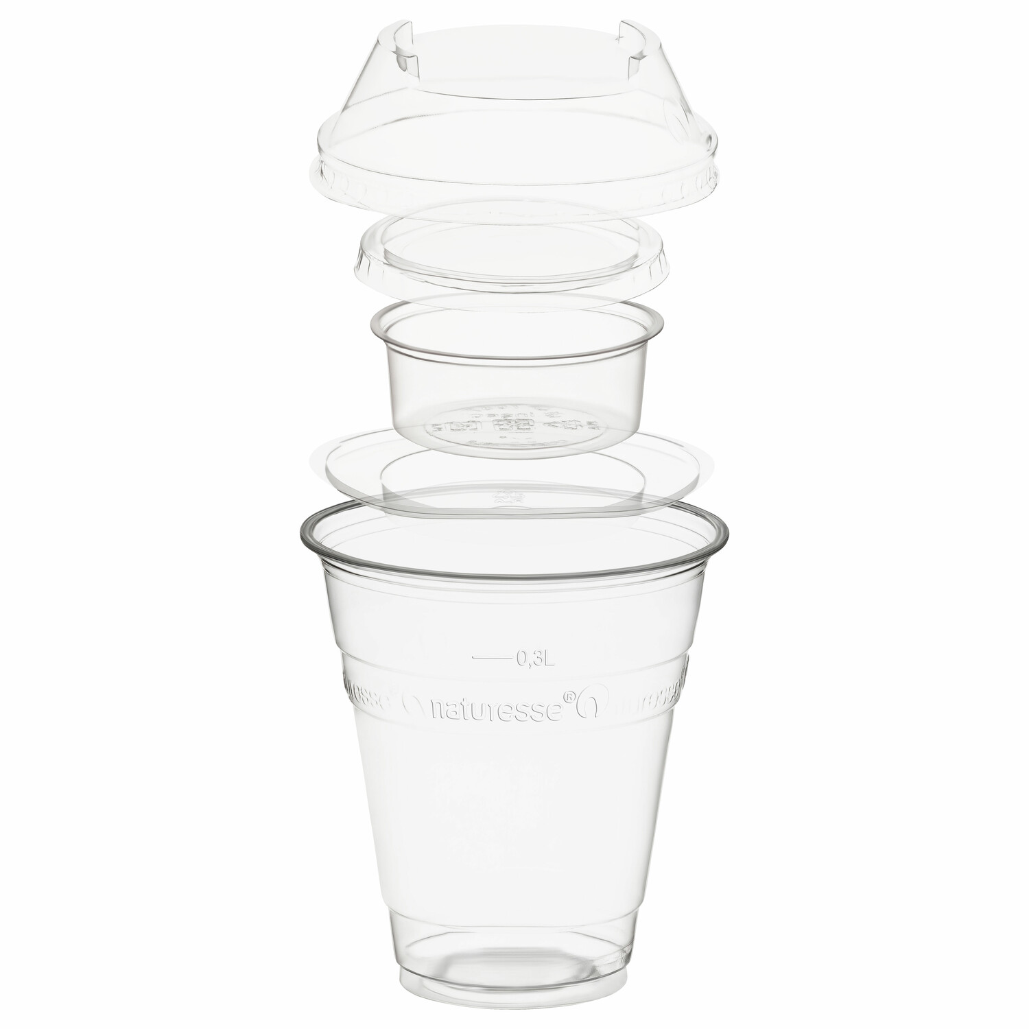 PCV-N147_SET12-1 Trinkbecher 300ml+Domdeckel+Einsatzbecher stapelbar aus PLA 100 Stk. – Bild 1