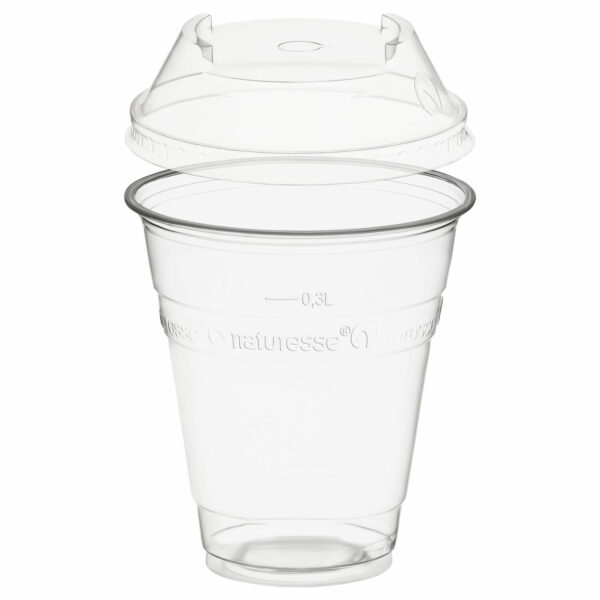 Trinkbecher 300ml + Domdeckel C-Loch stapelbar aus PLA, transparent, 50 Stk.
