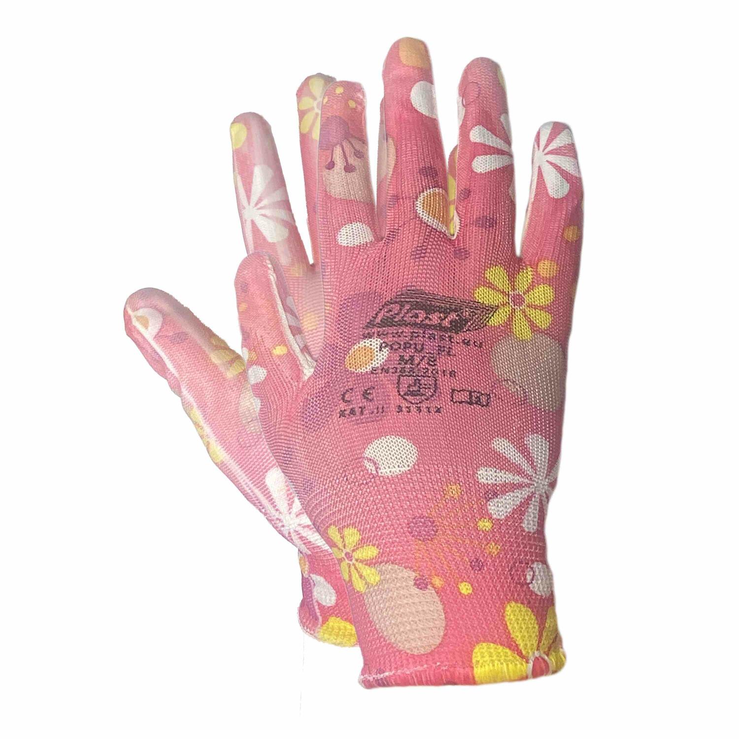 PLA-12-15-693B-PU8 Arbeitshandschuhe, Montagehandschuhe Polyester - Polyurethan Größe M-8, dunkle Blumen, 12 Paar – Bild 1