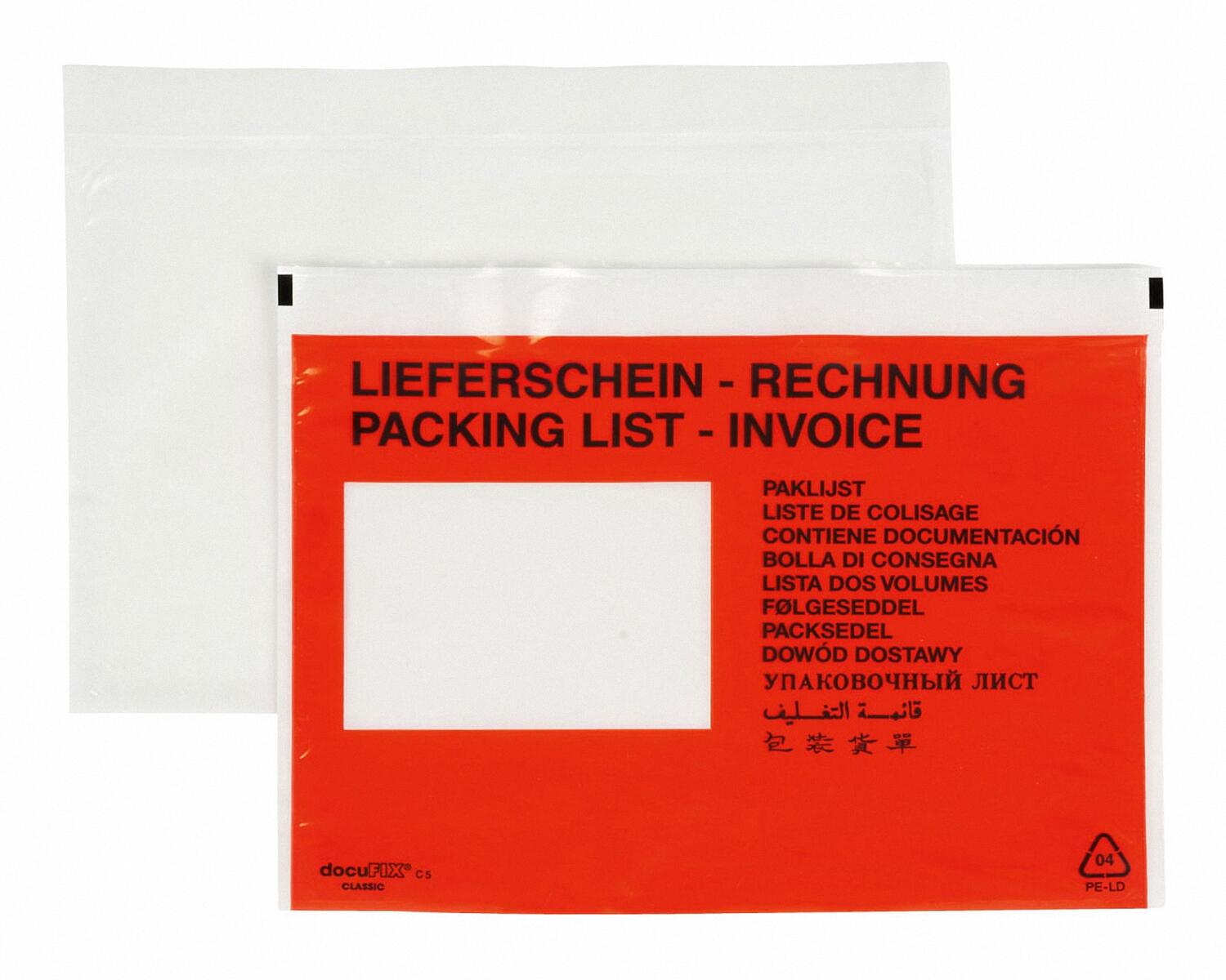 VP-DO-203 DOCUFIX Dokumententaschen *Lieferschein/Rechnung*, C5 240x165+20mm, 250 Stk. – Bild 1