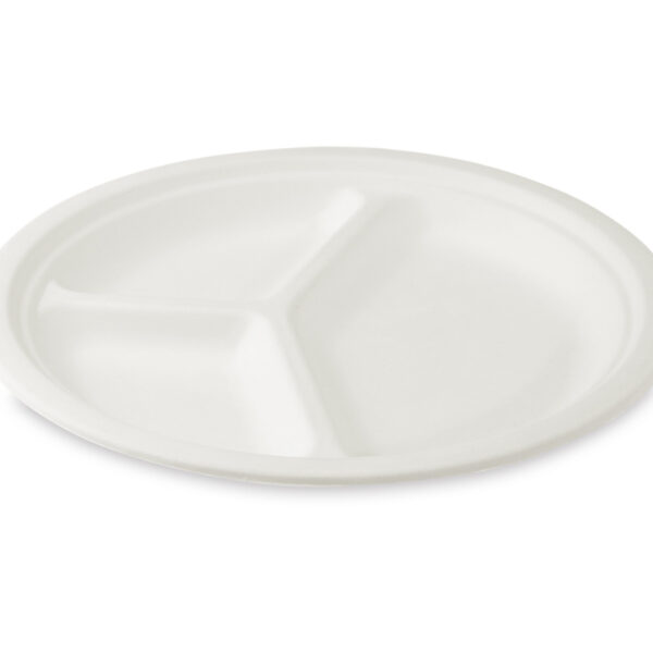 Grillteller Fleischteller rund 3-geteilt aus Zuckerrohr O 26 cm, 50 Stk.