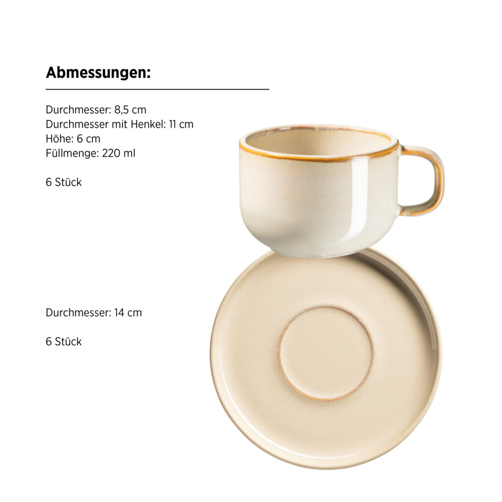 Mäser CORDELIA Kaffeetassen Sand mit Untertassen, 12-teilig