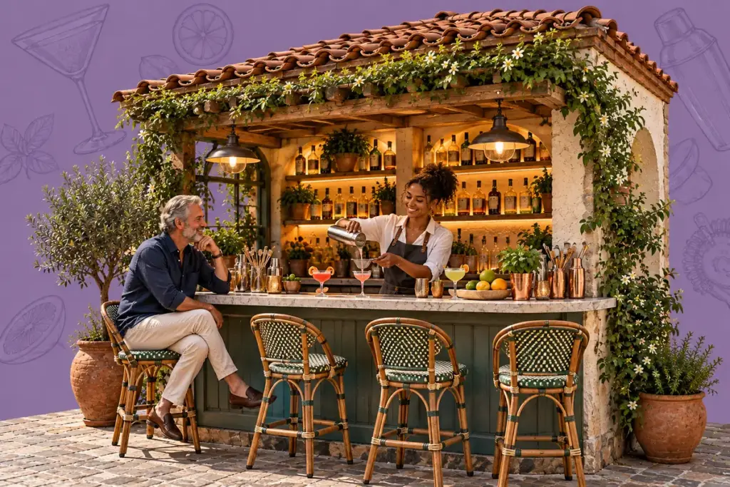 Cocktailtheke mit Shaker, Zitrusfrüchten, Barkeeperin und Gast