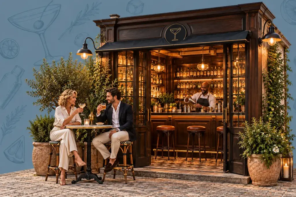 Bar mit Cocktail-Symbol, beleuchteter Theke, Barkeeper und zwei Gästen