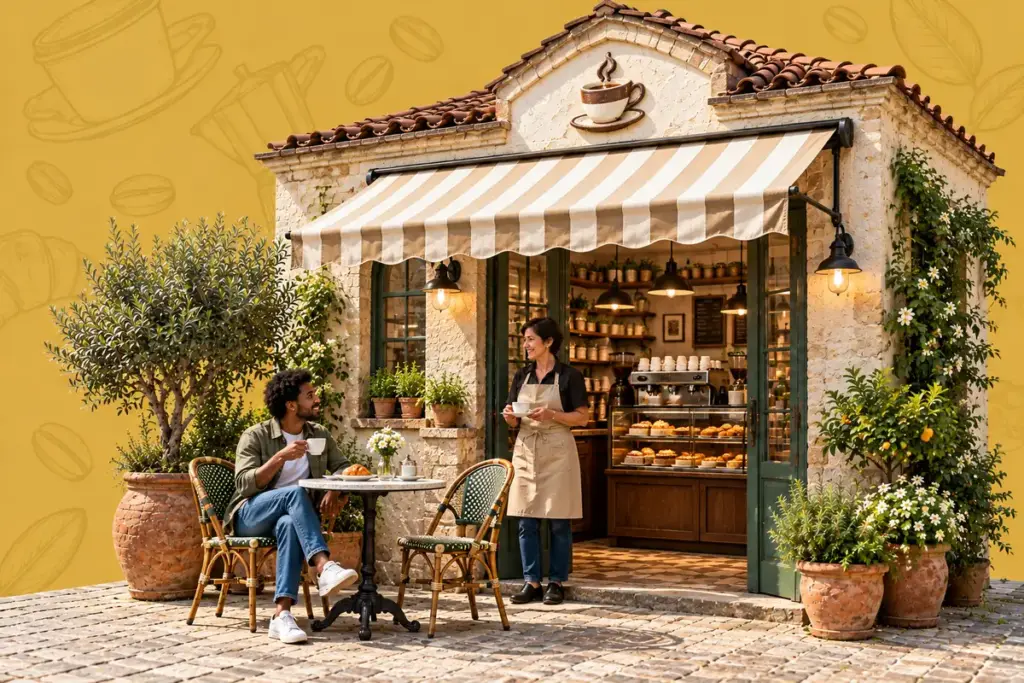 Café mit Kaffeetassen-Symbol, Espressomaschine, Gebäck und zwei Personen