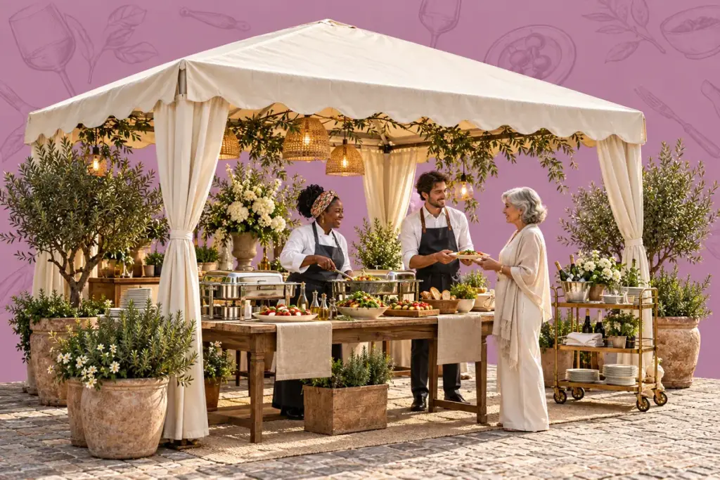 Catering-Pavillon mit Buffet, Servierwagen und drei Personen