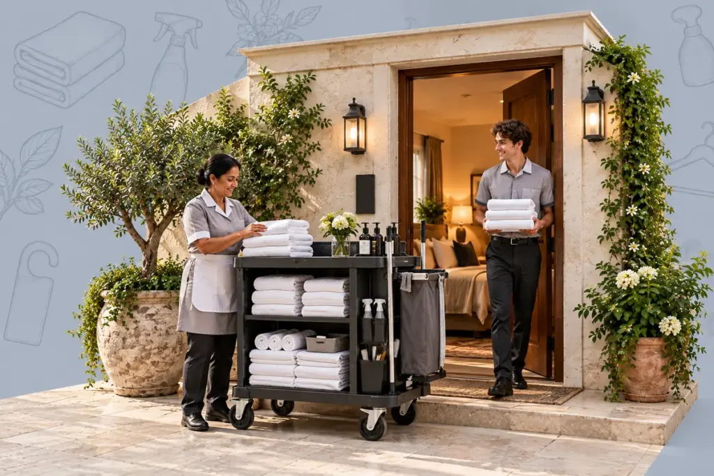 Hotel-Servicebereich mit Handtüchern, Housekeeping-Wagen und zwei Mitarbeitenden