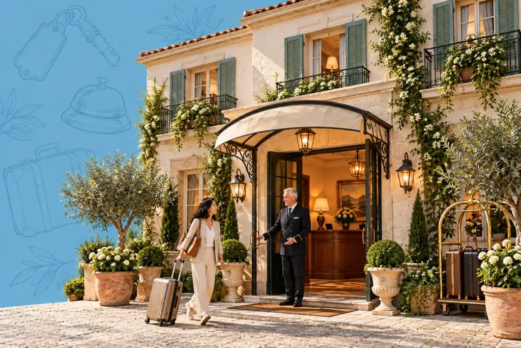 Hotel mit Gästezimmerfenstern, Eingang und zwei Personen mit Reisegepäck