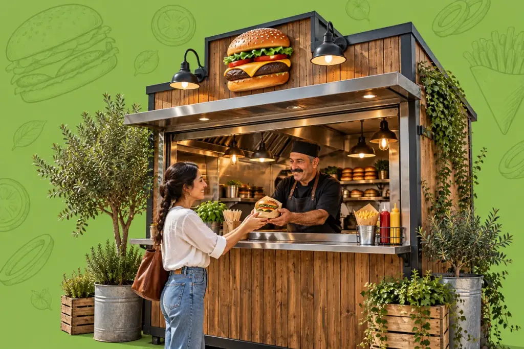 Imbiss mit Burger-Symbol und Ausgabe einer Speise an einen Kunden