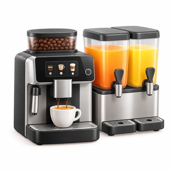 Kaffeevollautomat und Saftspender als weiche 3D-Illustration