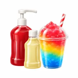 Sirupflaschen neben buntem Slush-Getränk als 3D-Illustration