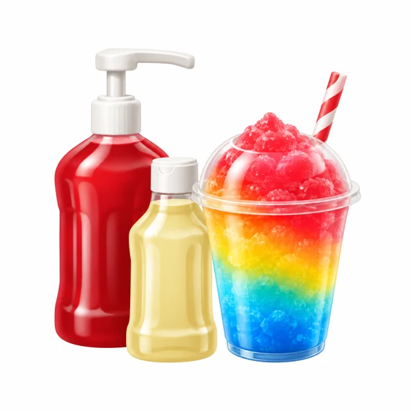 Sirupflaschen neben buntem Slush-Getränk als 3D-Illustration