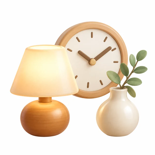 Tischlampe, Wanduhr und dekorative Vase als 3D-Illustration