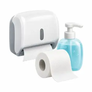 Papierhandtuchspender, Toilettenpapier und Seifenflasche als 3D-Illustration