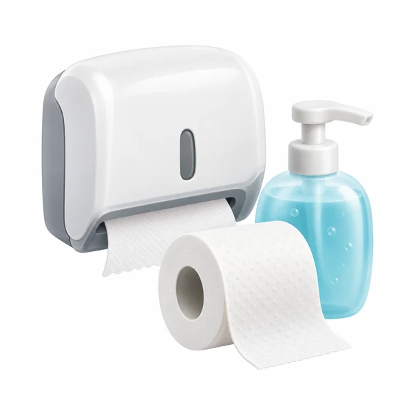 Papierhandtuchspender, Toilettenpapier und Seifenflasche als 3D-Illustration