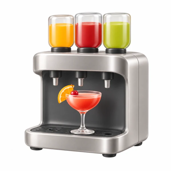 Silberne Cocktailmaschine mit drei Getränkebehältern und einem Cocktailglas als 3D-Illustration